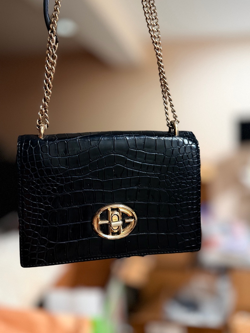 Black Croc-Embossed Chain Shoulder Bag - Gold Hardware